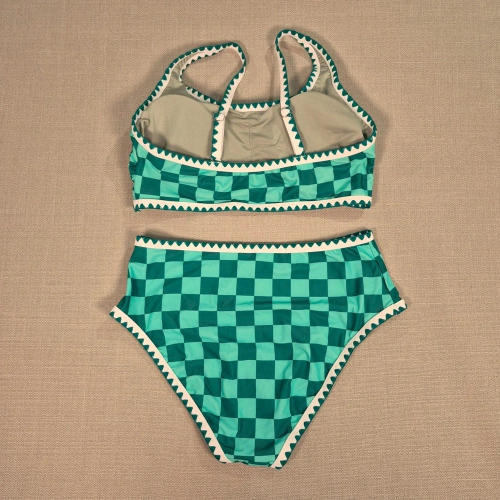 Women Green Checkered Ric Rac High Waisted Bikini Set Size L NWOT